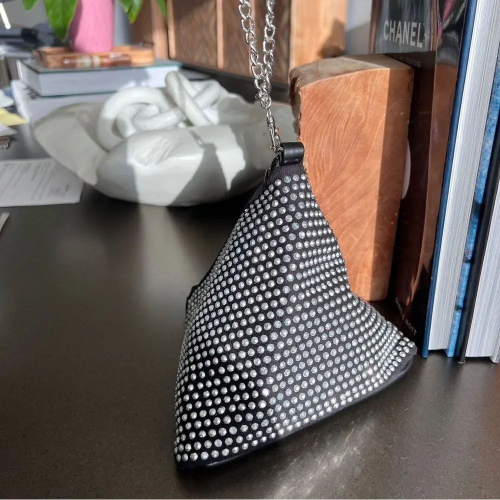 Black Triangular Studded Pouch with Silver Chain Zipper